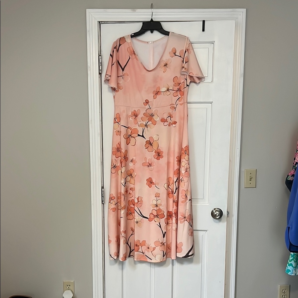 Peach and Pink Flutter Sleeve Midi Dress for Wedding Guest